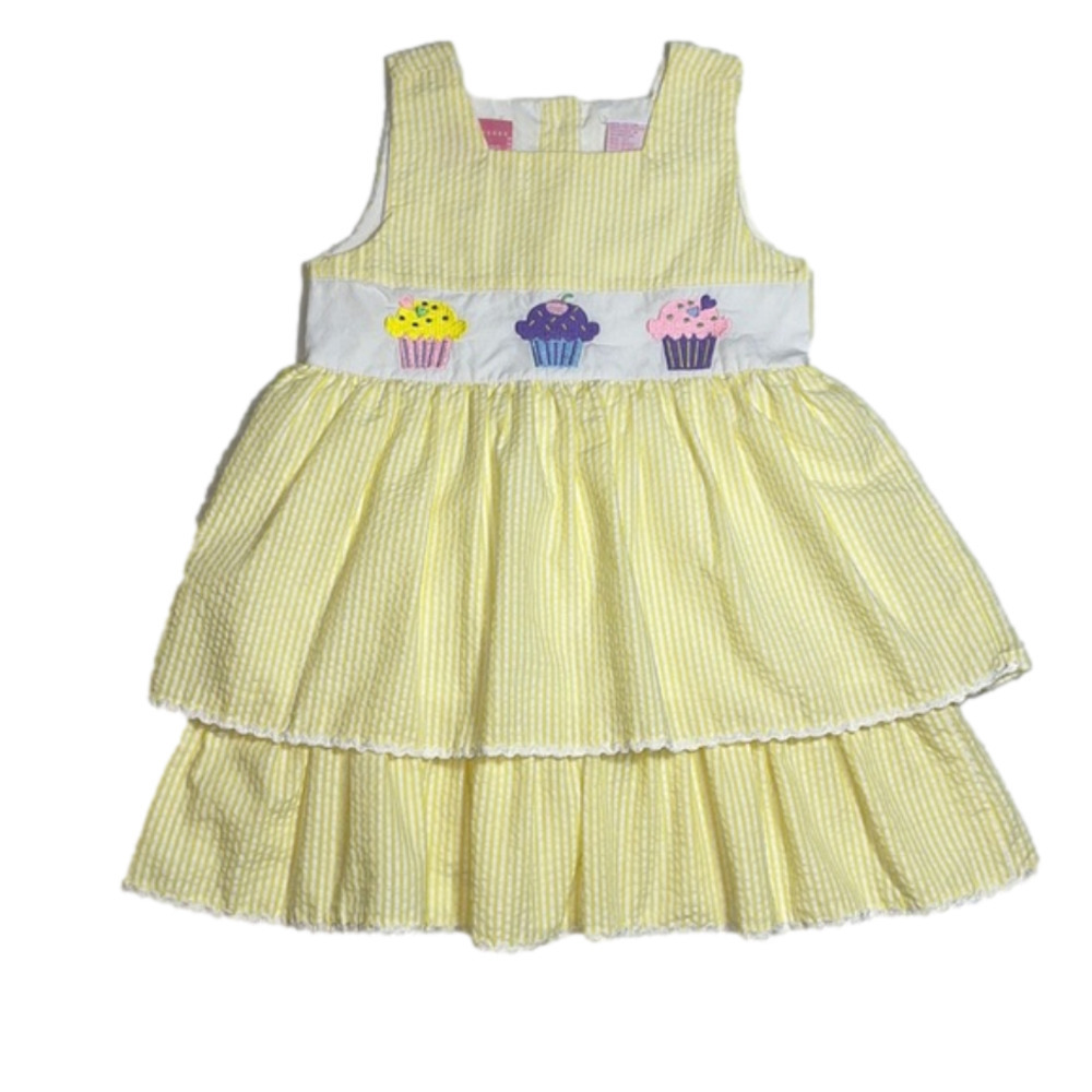 Ellemenno Embroidered Tiered Cupcake Seersucker Yellow Dress 3T